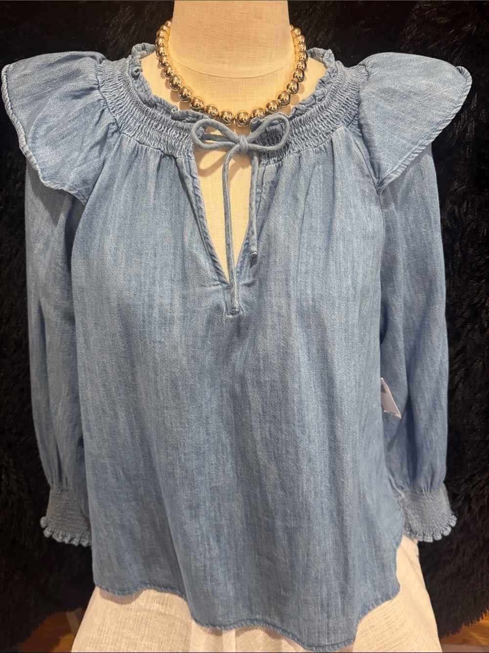 Old Navy Light Denim Peasant Blouse with Ruffle Shoulders